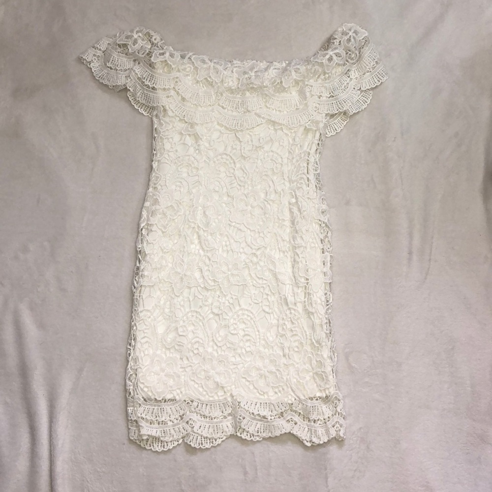 White, lacy, off the shoulder dress